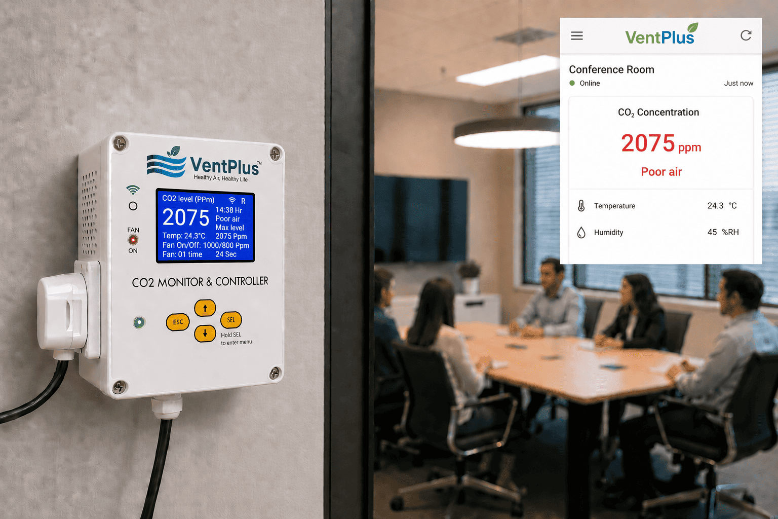 Conference room where CO₂ can spike to 2,500 ppm within 90 minutes